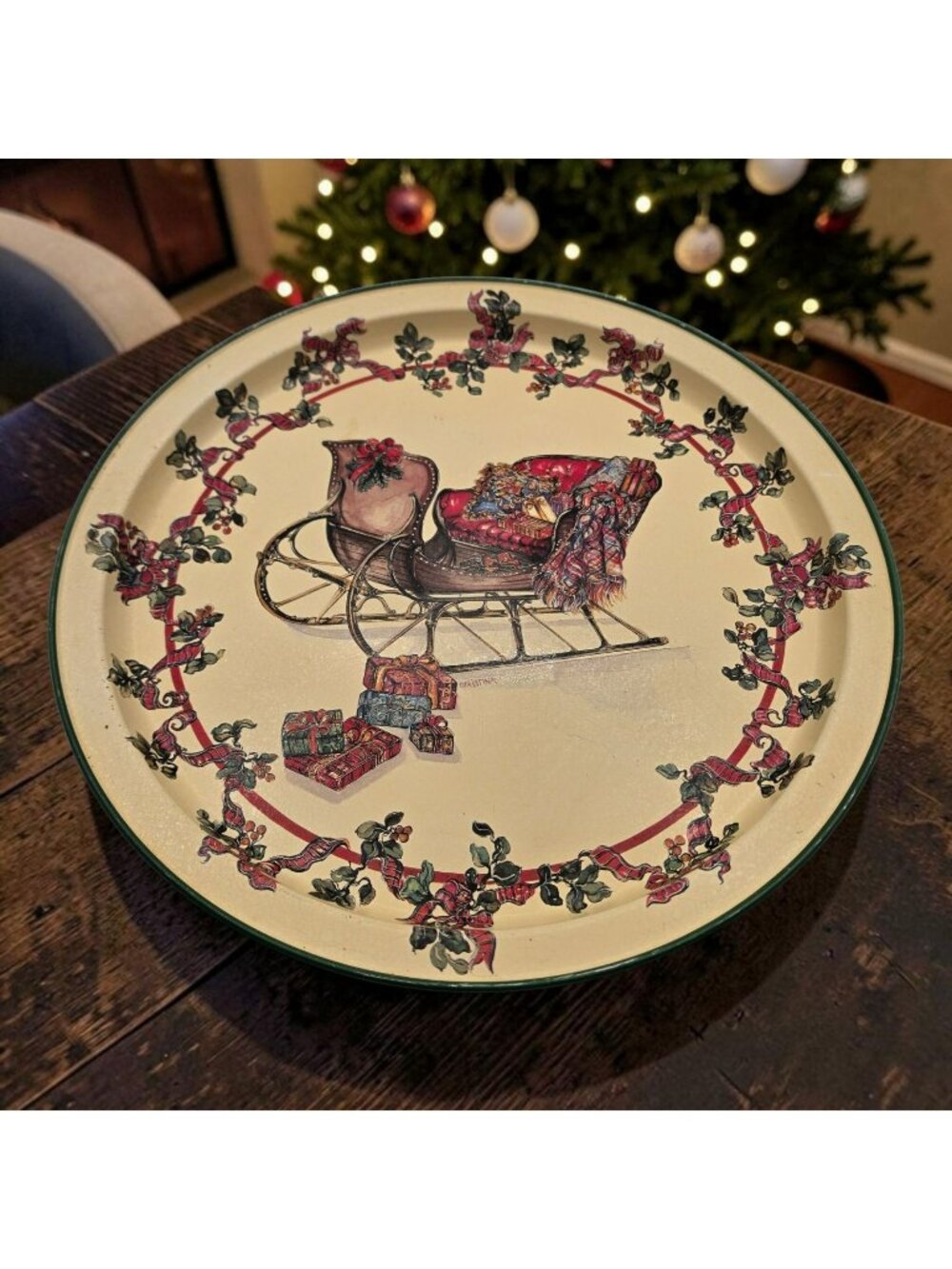 Vintage 1992 Potpourri Press Christmas Serving Tray Sleigh Gifts Design